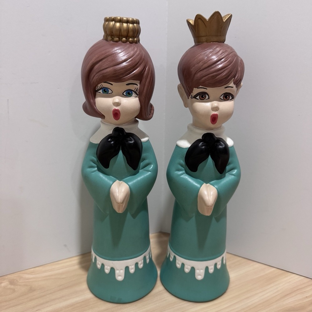 VTG 1960s/1970s Christmas Boy & Girl Carolers Candlesticks Hand Painted Ceramic